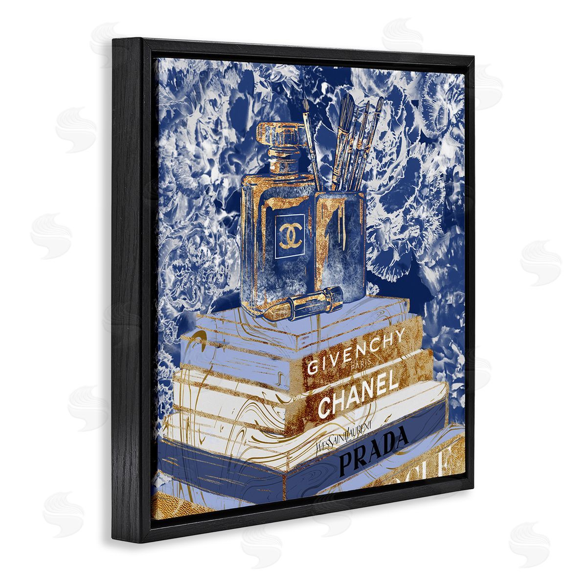 Cosmetics on Books Blue Black Floating Frame Canvas Wall Art, Home Decor by Ziwei Li