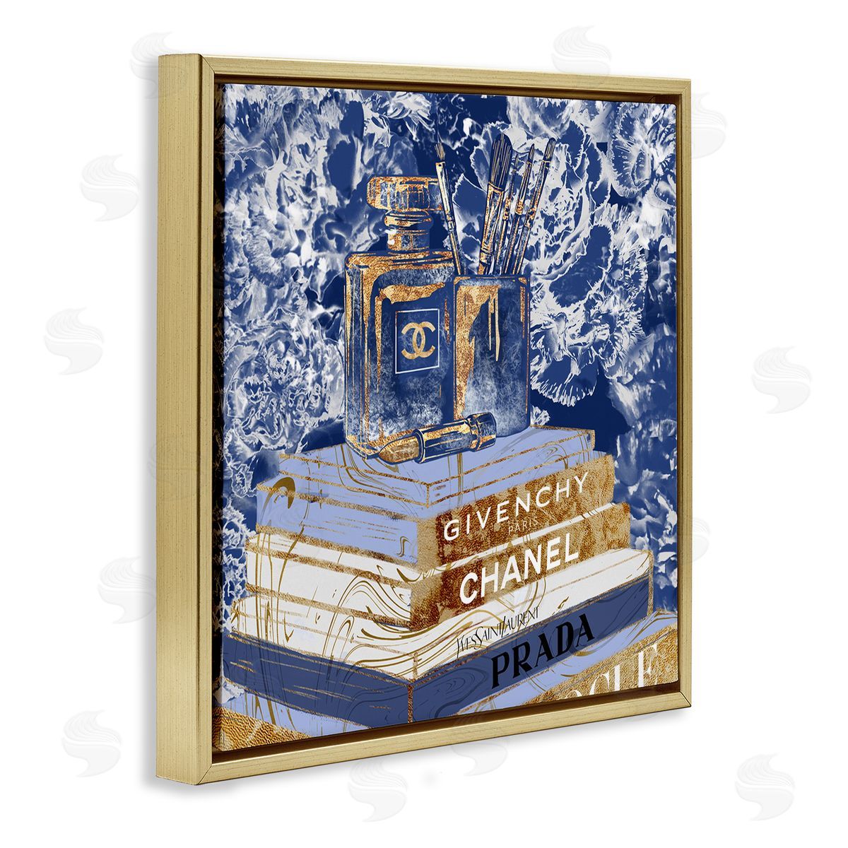 Cosmetics on Books Blue Gold Floating Frame Canvas Wall Art, Home Decor by Ziwei Li