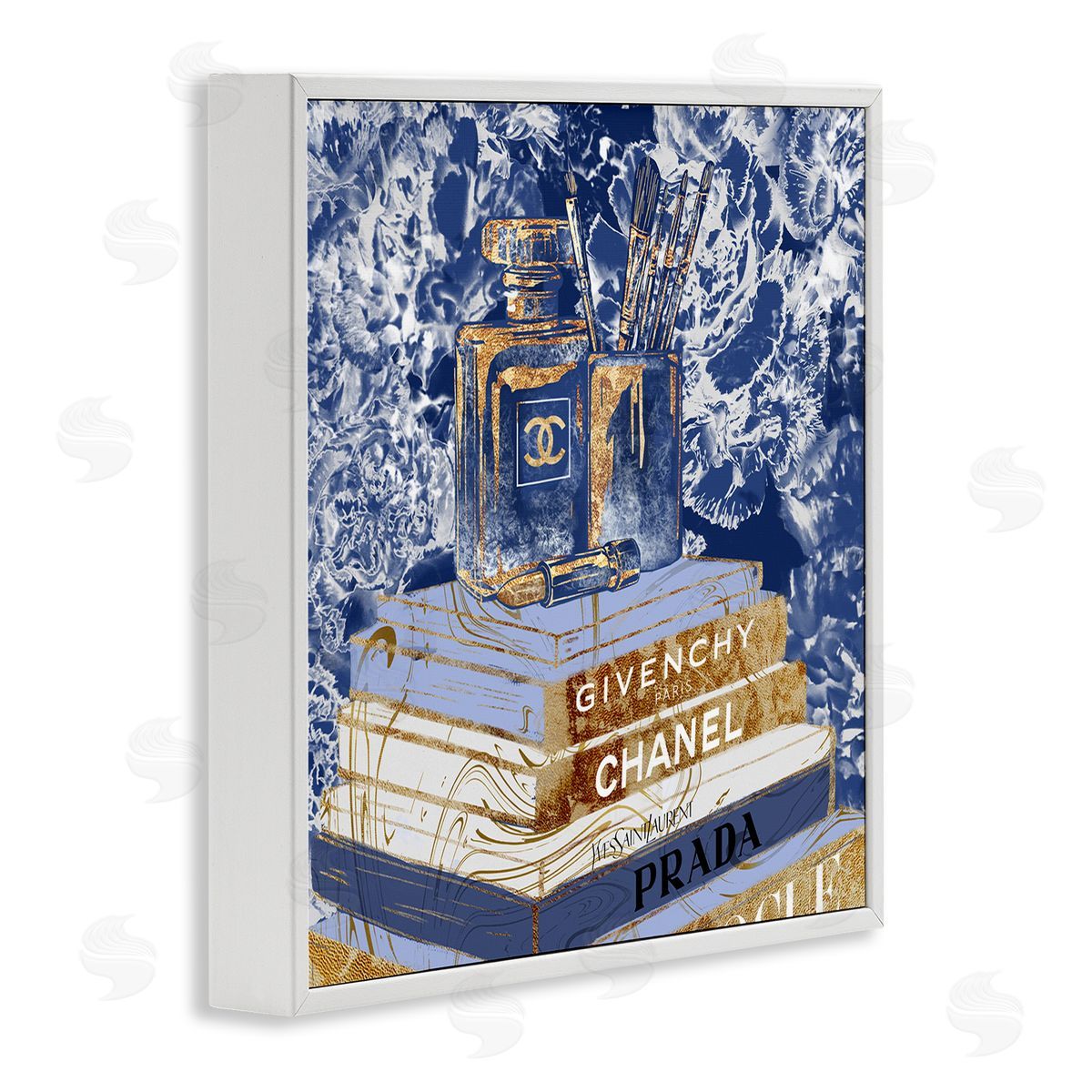 Cosmetics on Books Blue White Frame Print Wall Art, Home Decor by Ziwei Li