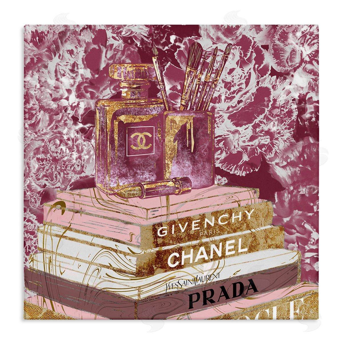 Cosmetics on Books Pink Canvas Wall Art, Home Decor by Ziwei Li