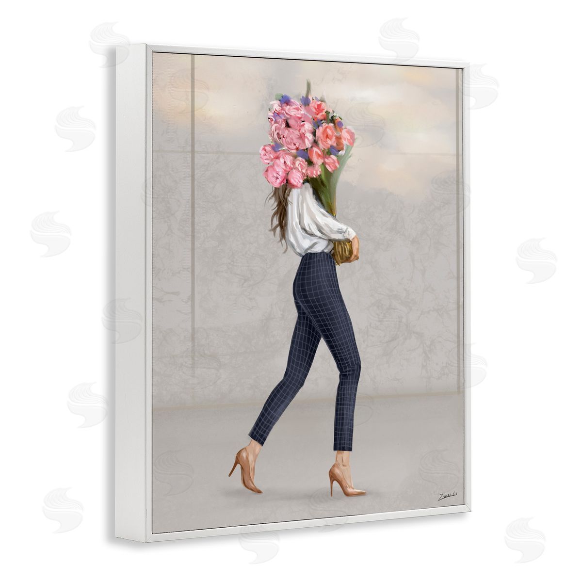 Metro Woman with Bouquet White Frame Print Wall Art, Home Decor by Ziwei Li