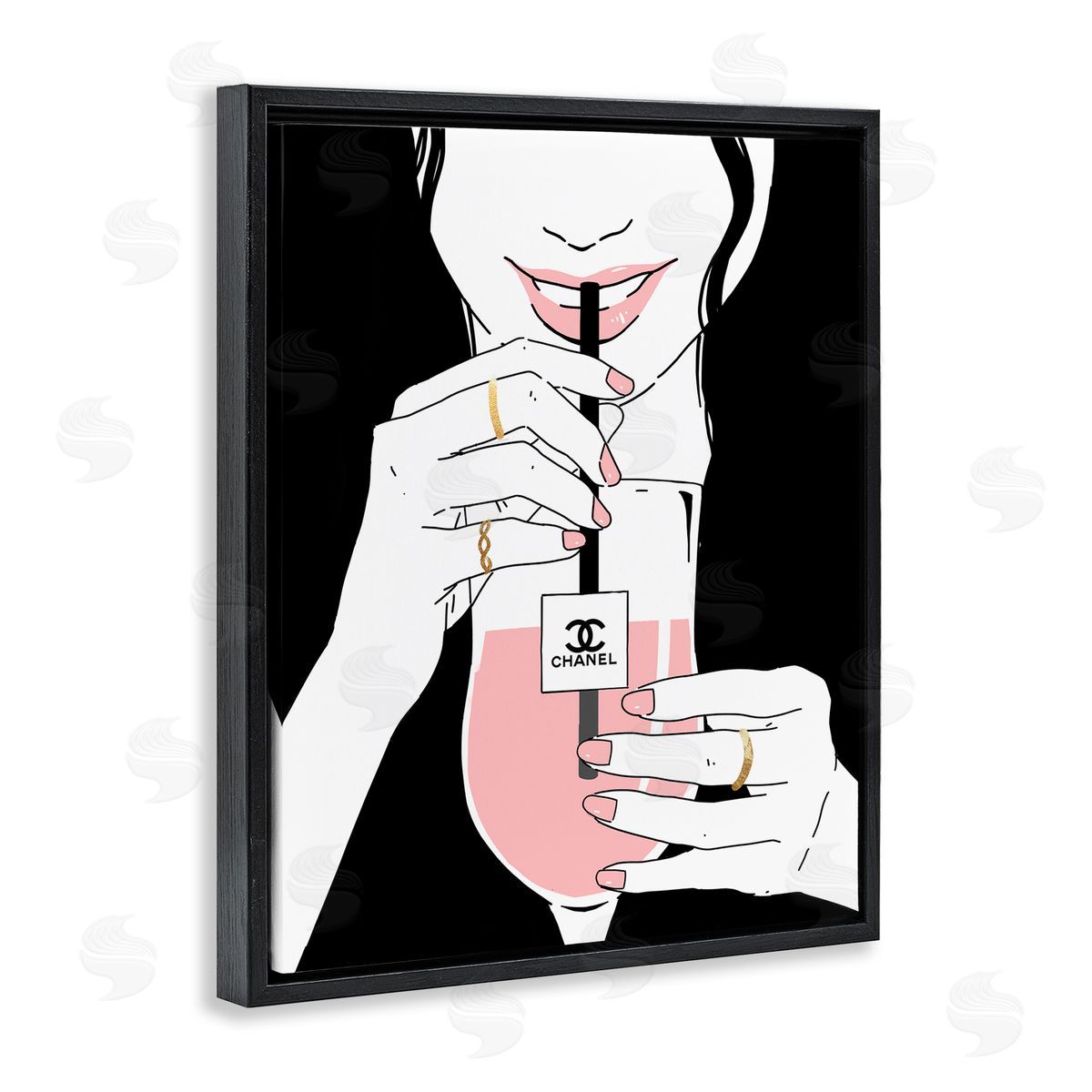 Girl Sipping Drink with Style Black Floating Frame Canvas Wall Art, Home Decor by Ziwei Li