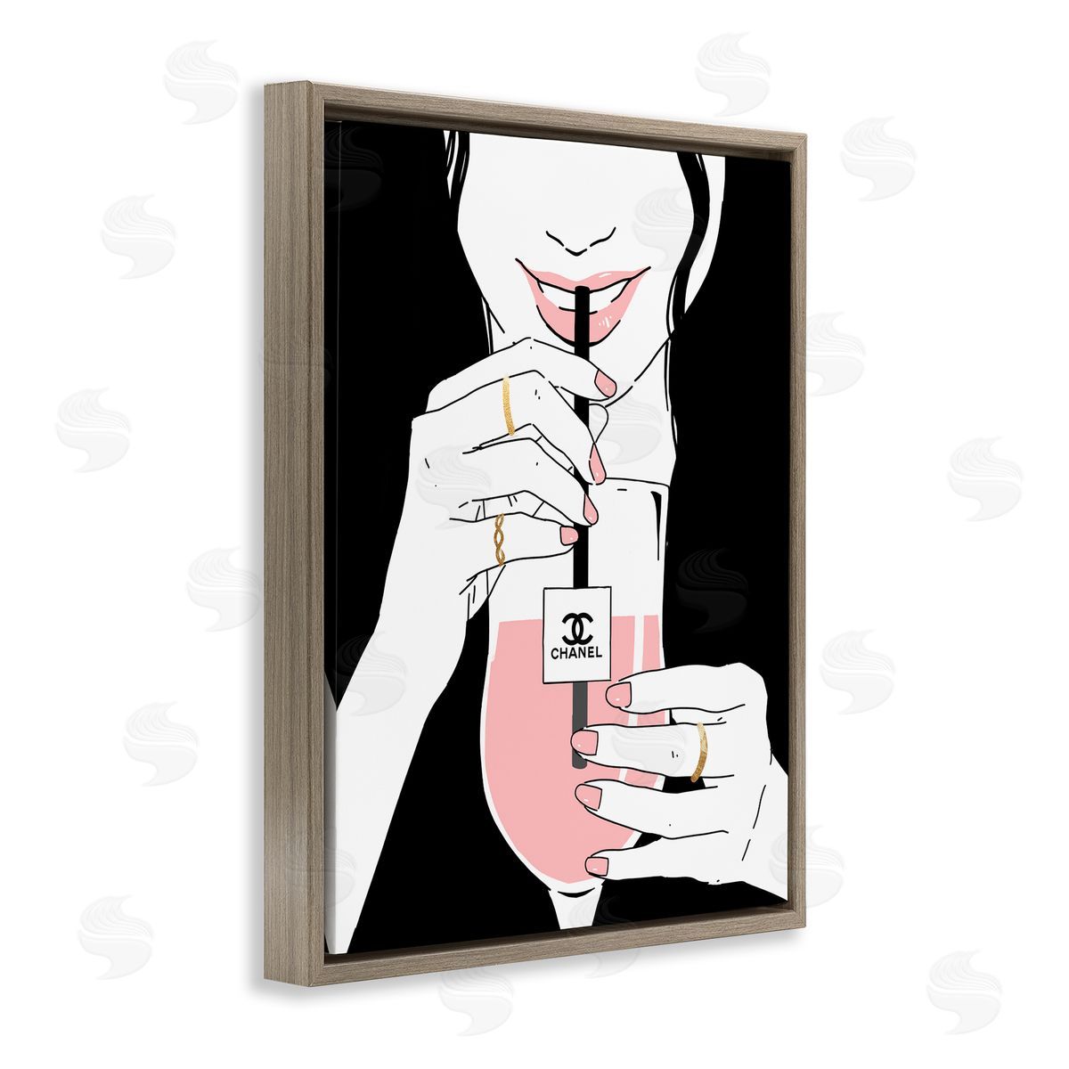 Girl Sipping Drink with Style Brown Floating Frame Canvas Wall Art, Home Decor by Ziwei Li