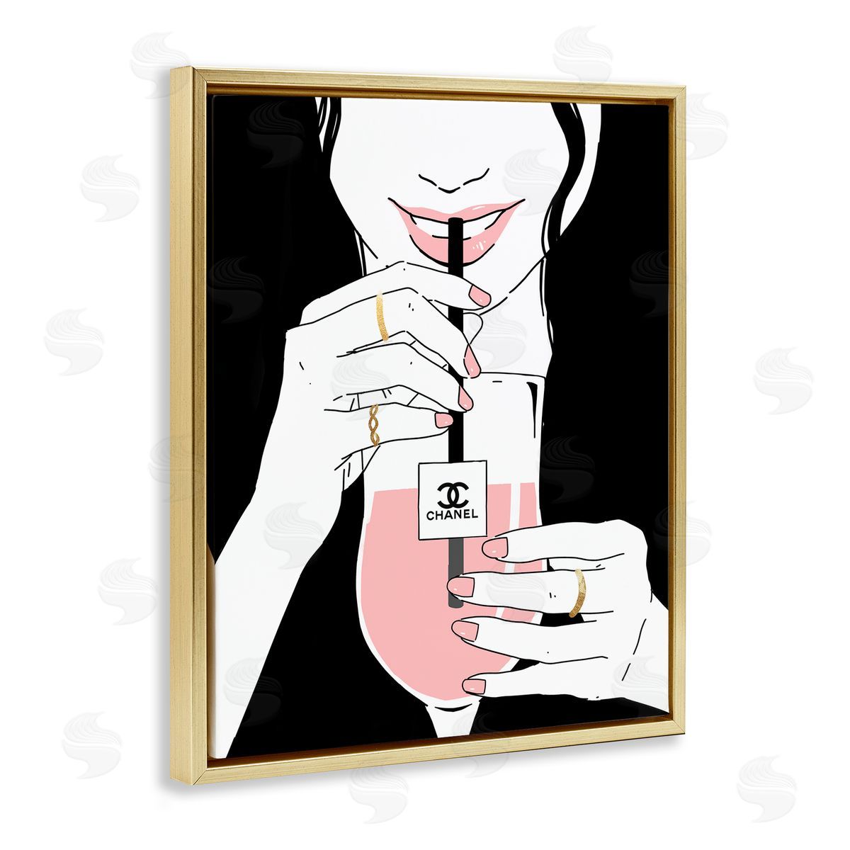 Girl Sipping Drink with Style Gold Floating Frame Canvas Wall Art, Home Decor by Ziwei Li