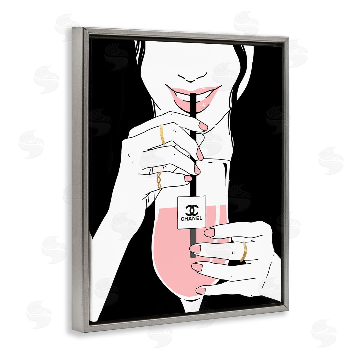 Girl Sipping Drink with Style Grey Floating Frame Canvas Wall Art, Home Decor by Ziwei Li