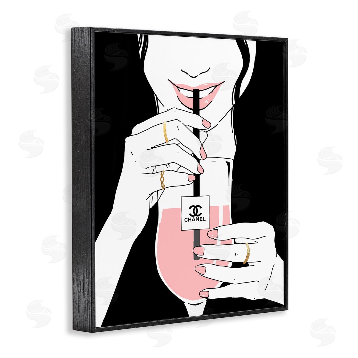 Girl Sipping Drink with Style Black Frame Print Wall Art, Home Decor by Ziwei Li