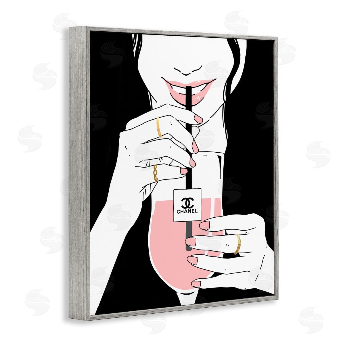 Girl Sipping Drink with Style Grey Frame Print Wall Art, Home Decor by Ziwei Li