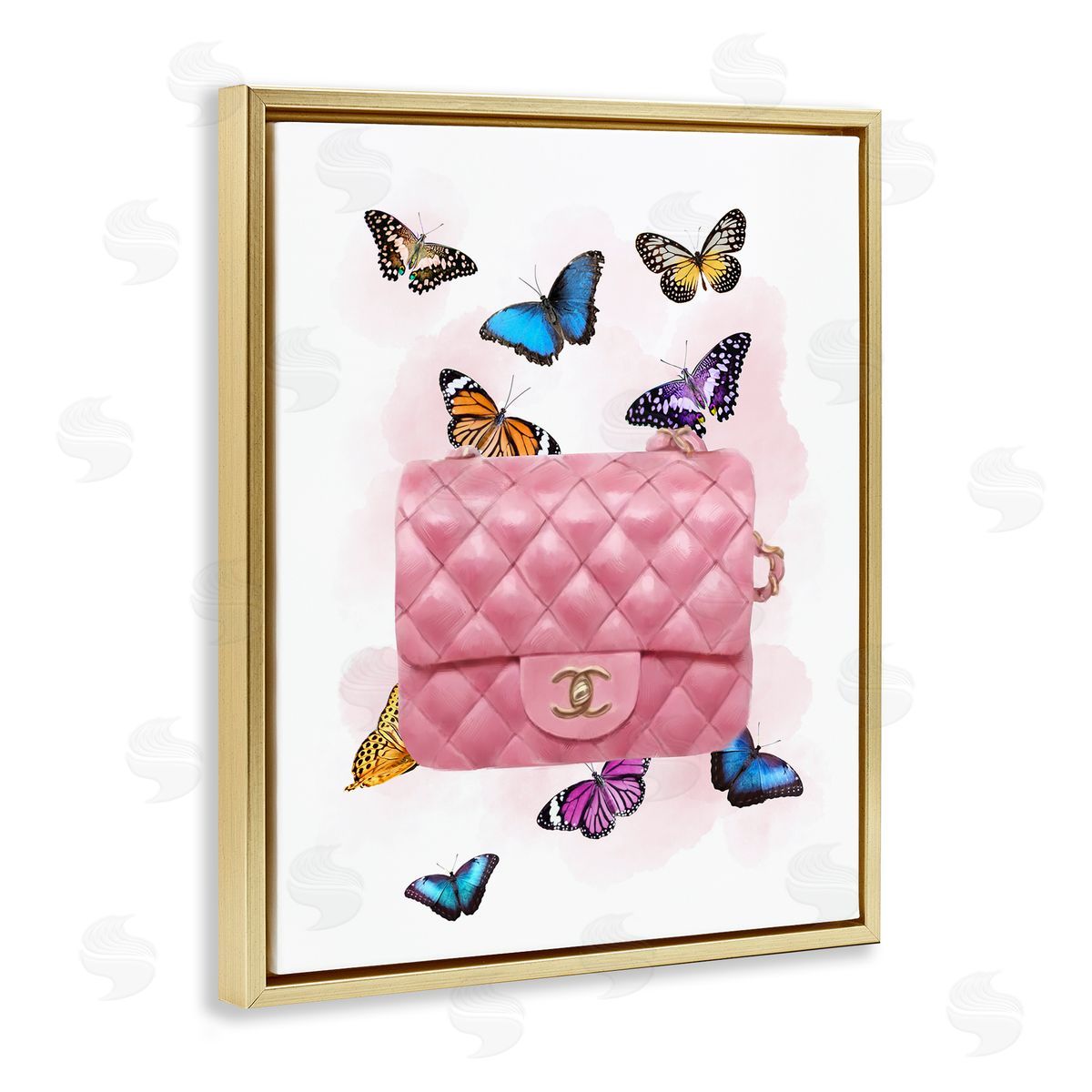 Butterflies and Pink Clutch Gold Floating Frame Canvas Wall Art, Home Decor by Ziwei Li