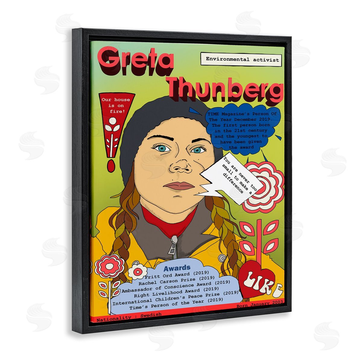 Greta Thornburg Magazine Illustration Black Floating Frame Canvas Wall Art, Home Decor by Sangita Bachelet