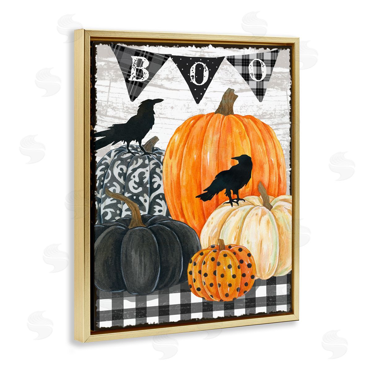 Boo Crows and Pumpkins Gold Floating Frame Canvas Wall Art, Home Decor by Andrea Tachiera