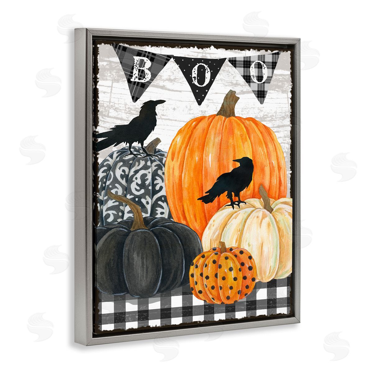 Boo Crows and Pumpkins Grey Floating Frame Canvas Wall Art, Home Decor by Andrea Tachiera