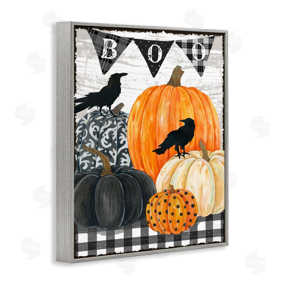 Boo Crows and Pumpkins Grey Frame Print Wall Art, Home Decor by Andrea Tachiera