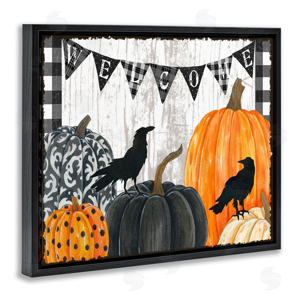 Welcome Crows and Pumpkins Black Floating Frame Canvas Wall Art, Home Decor by Andrea Tachiera