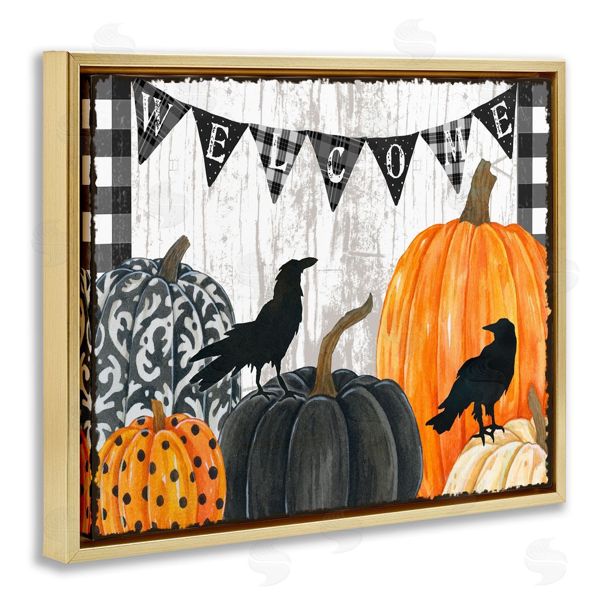 Welcome Crows and Pumpkins Gold Floating Frame Canvas Wall Art, Home Decor by Andrea Tachiera