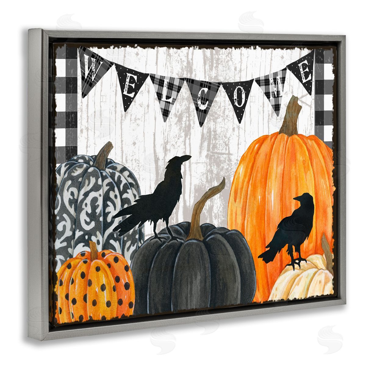 Welcome Crows and Pumpkins Grey Floating Frame Canvas Wall Art, Home Decor by Andrea Tachiera