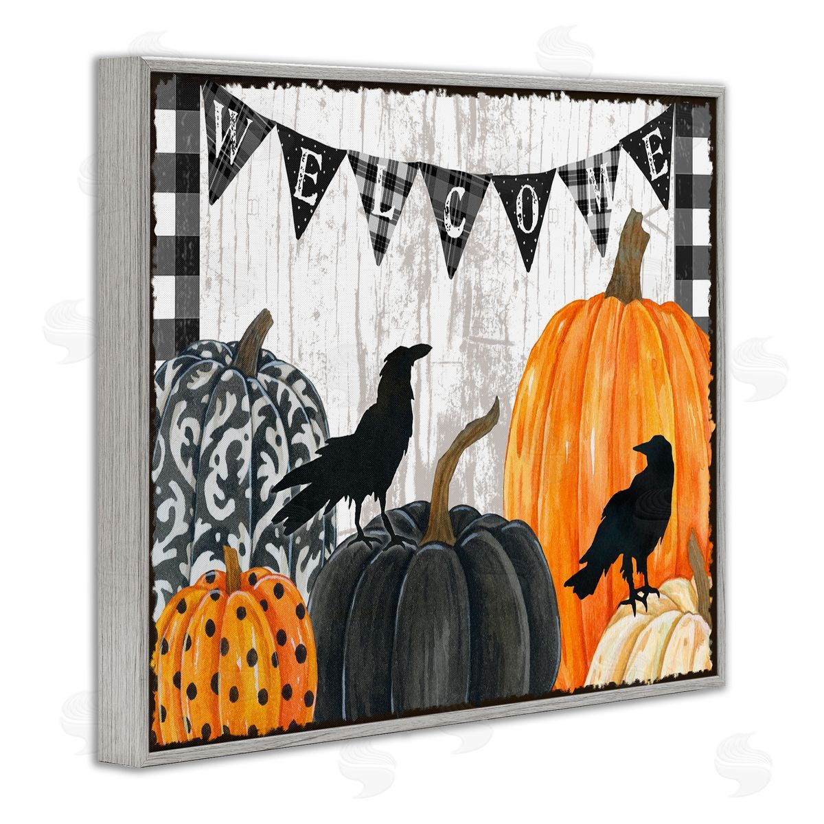 Welcome Crows and Pumpkins Grey Frame Print Wall Art, Home Decor by Andrea Tachiera