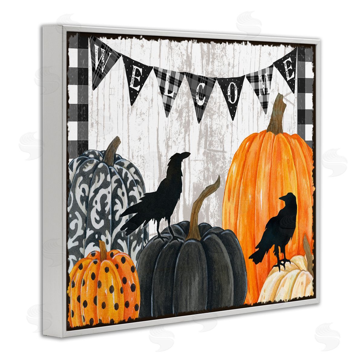 Welcome Crows and Pumpkins White Frame Print Wall Art, Home Decor by Andrea Tachiera