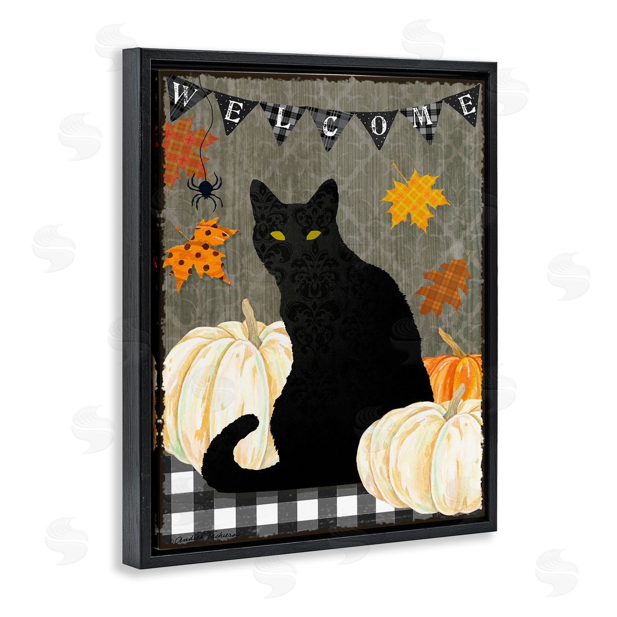 Black Cat Halloween Welcome Black Floating Frame Canvas Wall Art, Home Decor by Andrea Tachiera