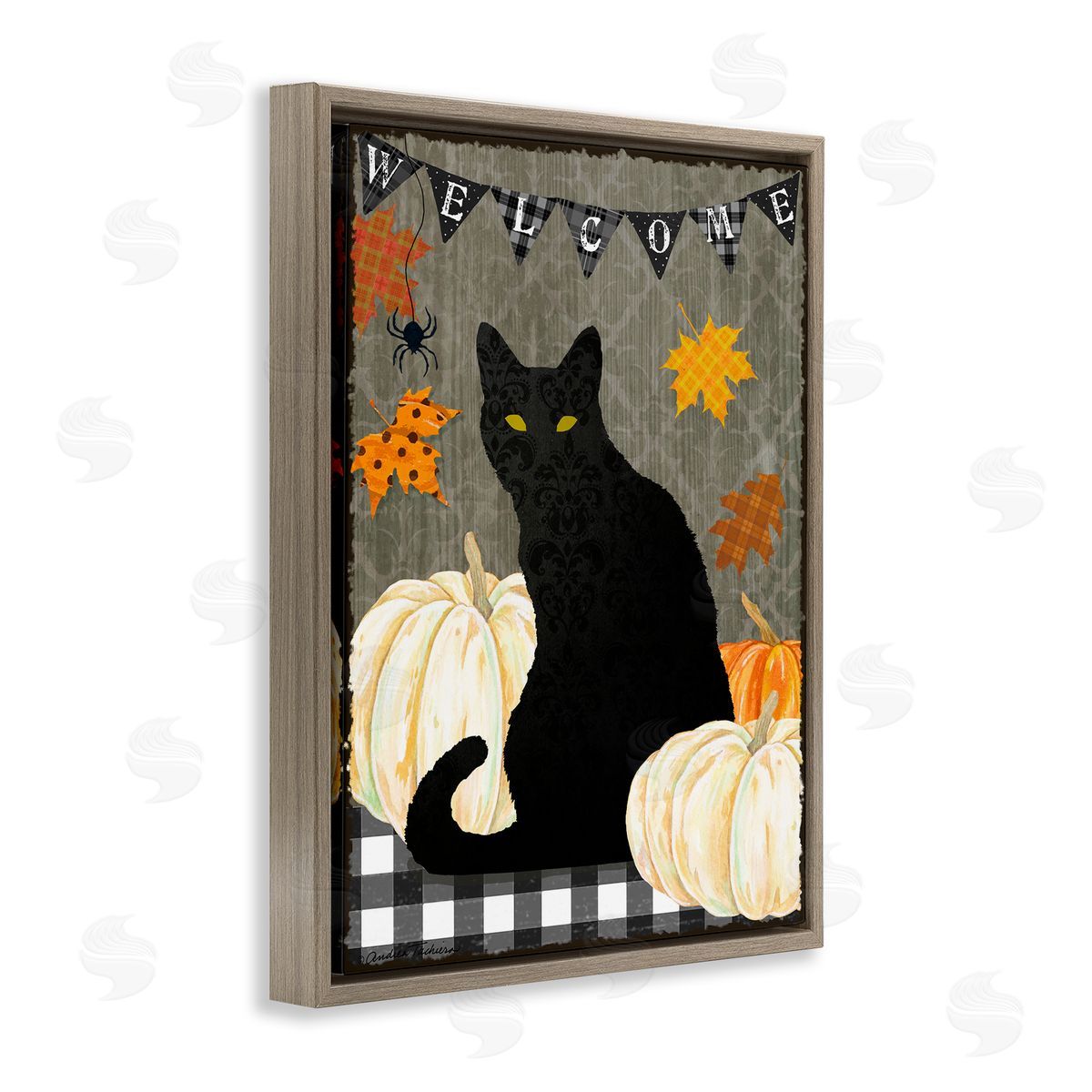 Black Cat Halloween Welcome Brown Floating Frame Canvas Wall Art, Home Decor by Andrea Tachiera