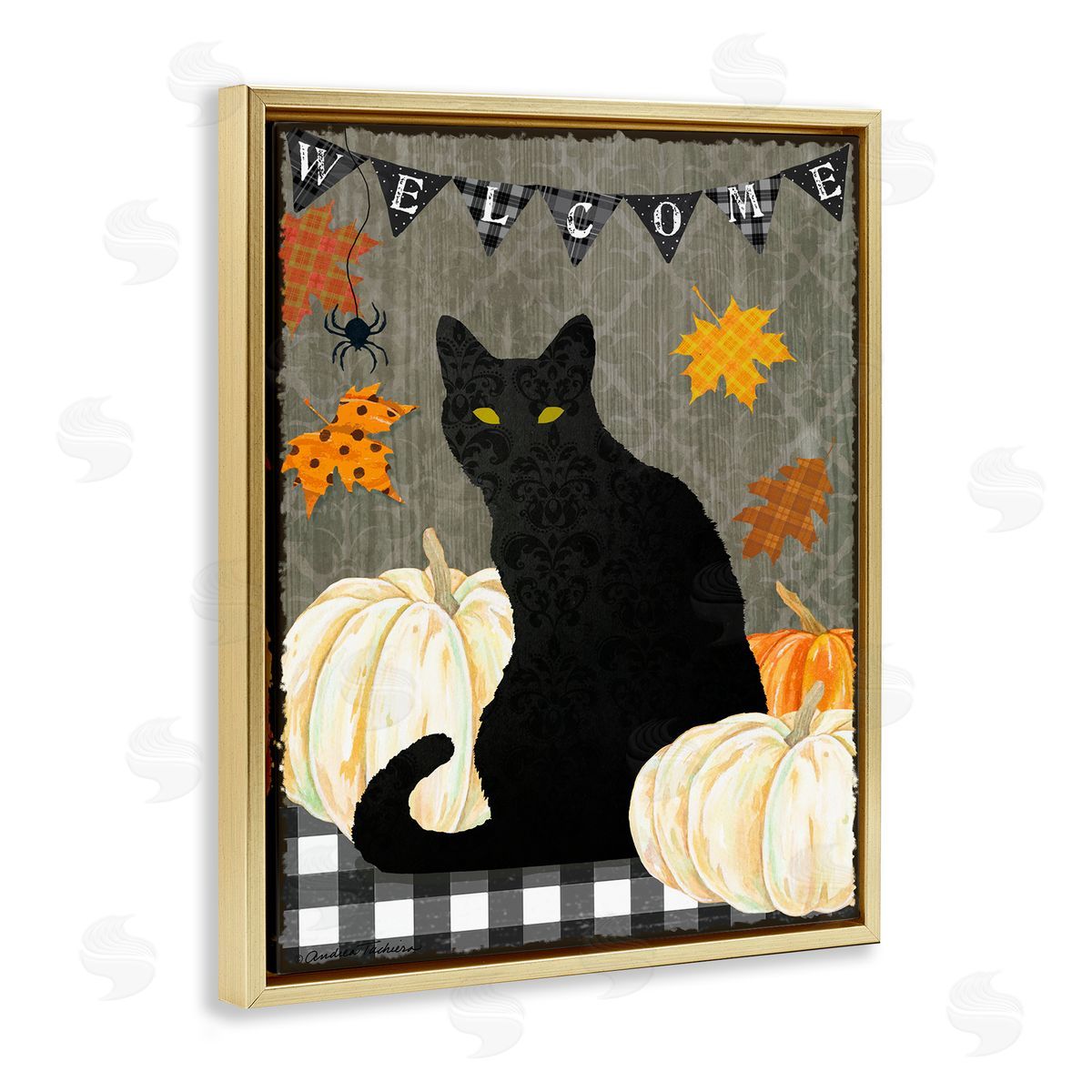 Black Cat Halloween Welcome Gold Floating Frame Canvas Wall Art, Home Decor by Andrea Tachiera