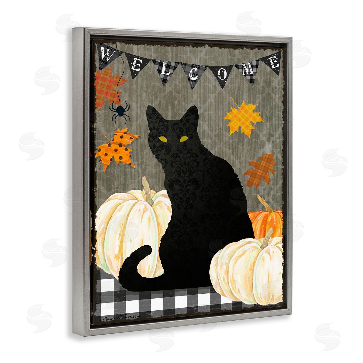 Black Cat Halloween Welcome Grey Floating Frame Canvas Wall Art, Home Decor by Andrea Tachiera