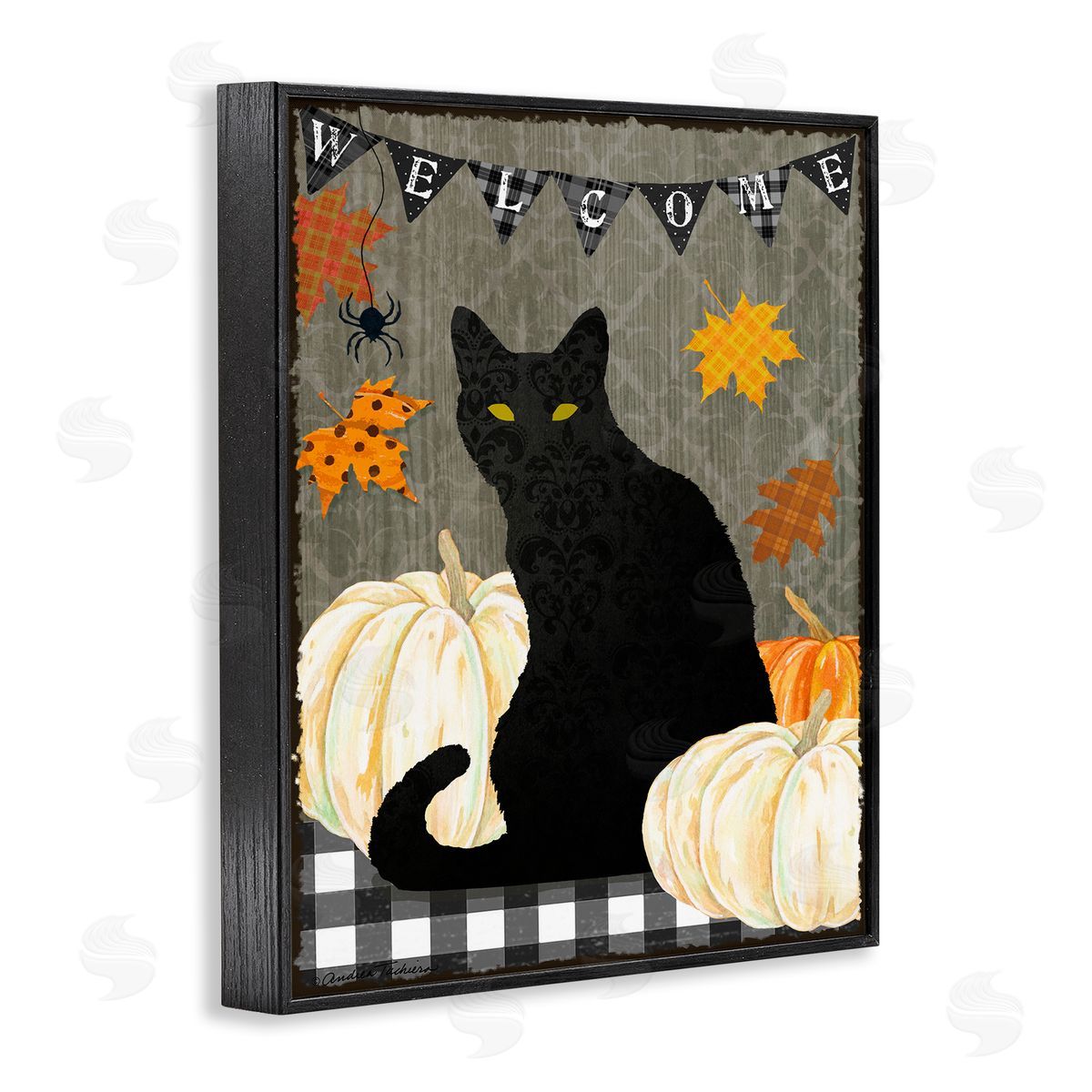Black Cat Halloween Welcome Black Frame Print Wall Art, Home Decor by Andrea Tachiera