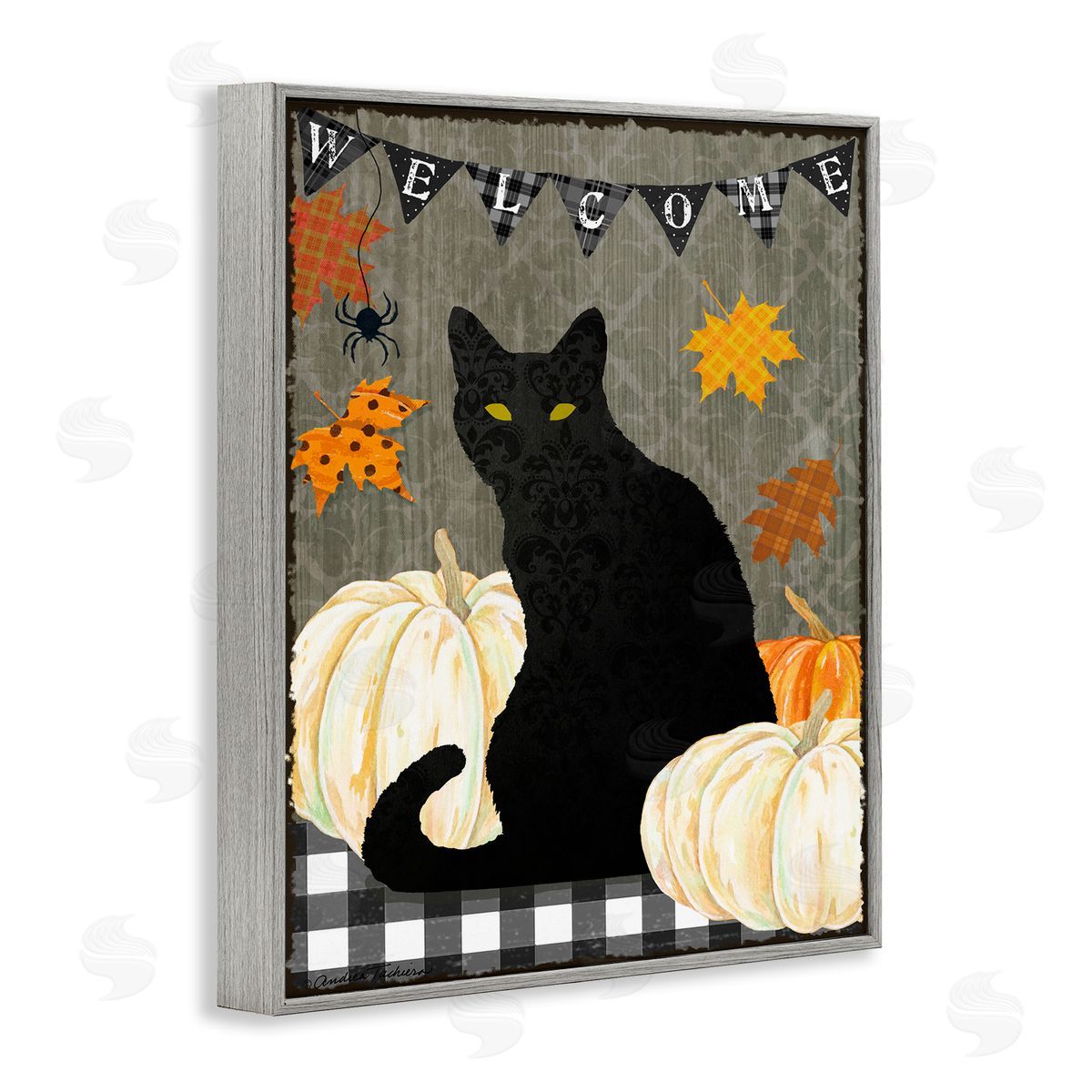Black Cat Halloween Welcome Grey Frame Print Wall Art, Home Decor by Andrea Tachiera