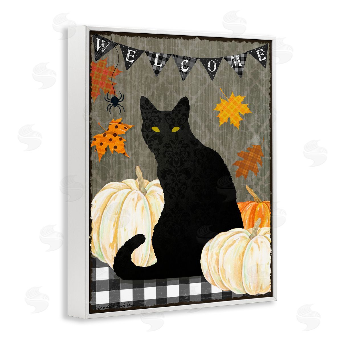 Black Cat Halloween Welcome White Frame Print Wall Art, Home Decor by Andrea Tachiera