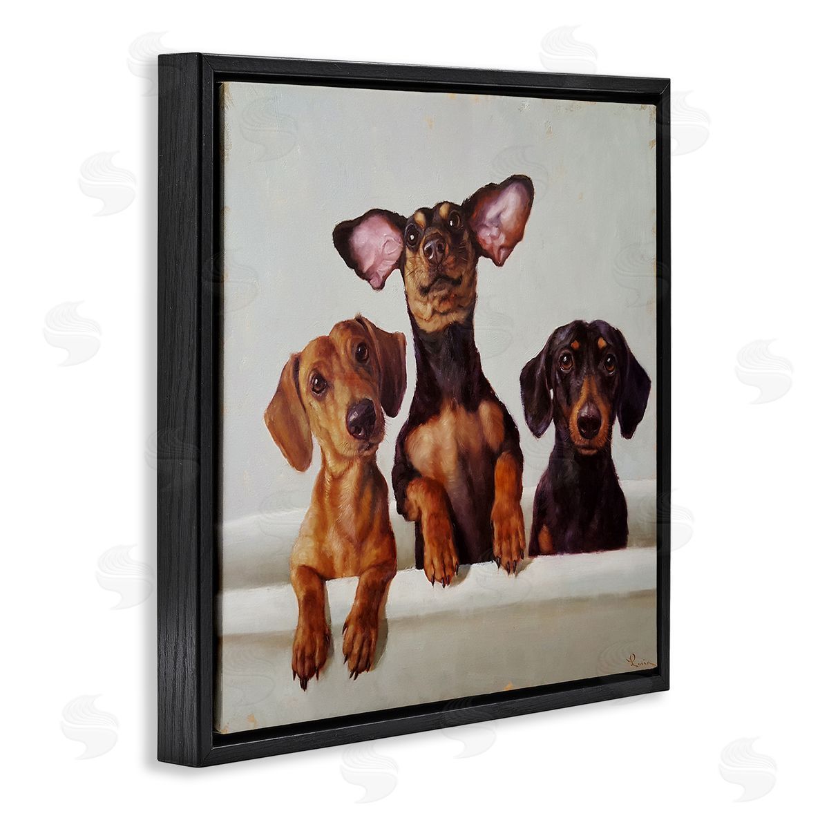 Dachshunds in Bathtub Black Floating Frame Canvas Wall Art, Home Decor by Lucia Heffernan