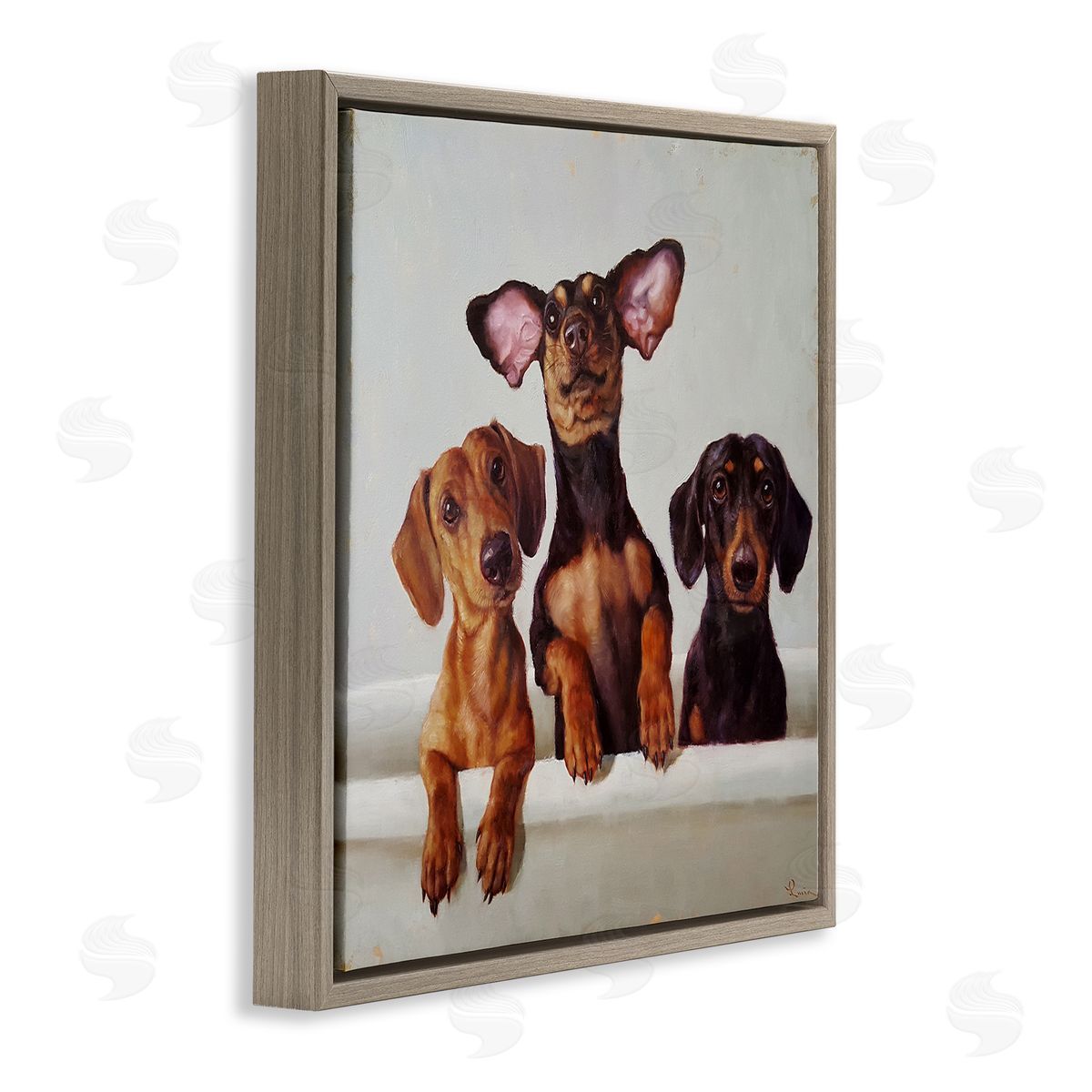 Dachshunds in Bathtub Brown Floating Frame Canvas Wall Art, Home Decor by Lucia Heffernan