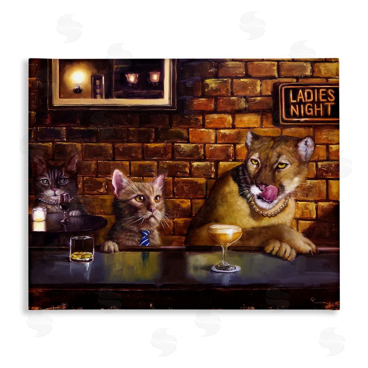 Cougar and Cat at Bar Canvas Wall Art, Home Decor by Lucia Heffernan