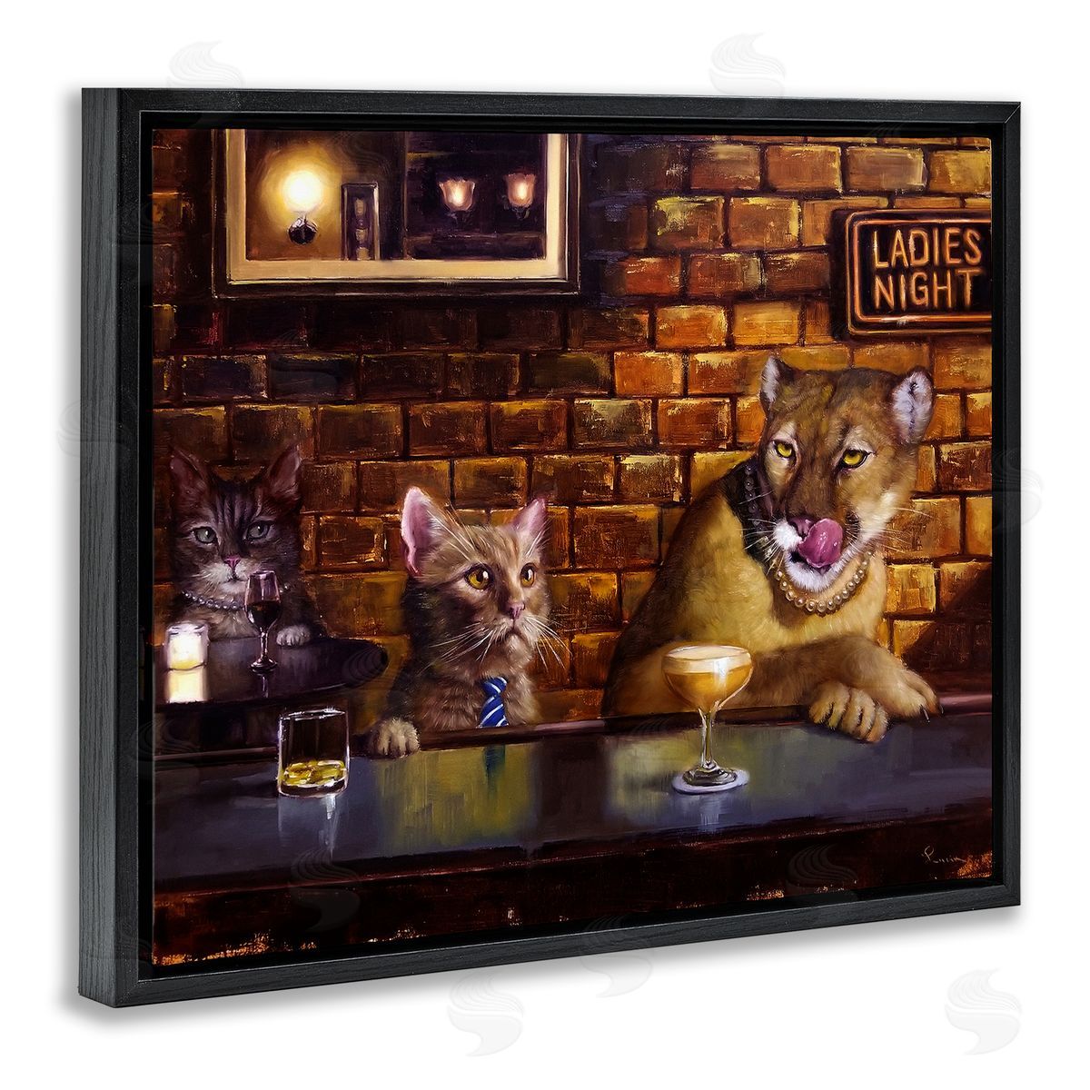 Cougar and Cat at Bar Black Floating Frame Canvas Wall Art, Home Decor by Lucia Heffernan