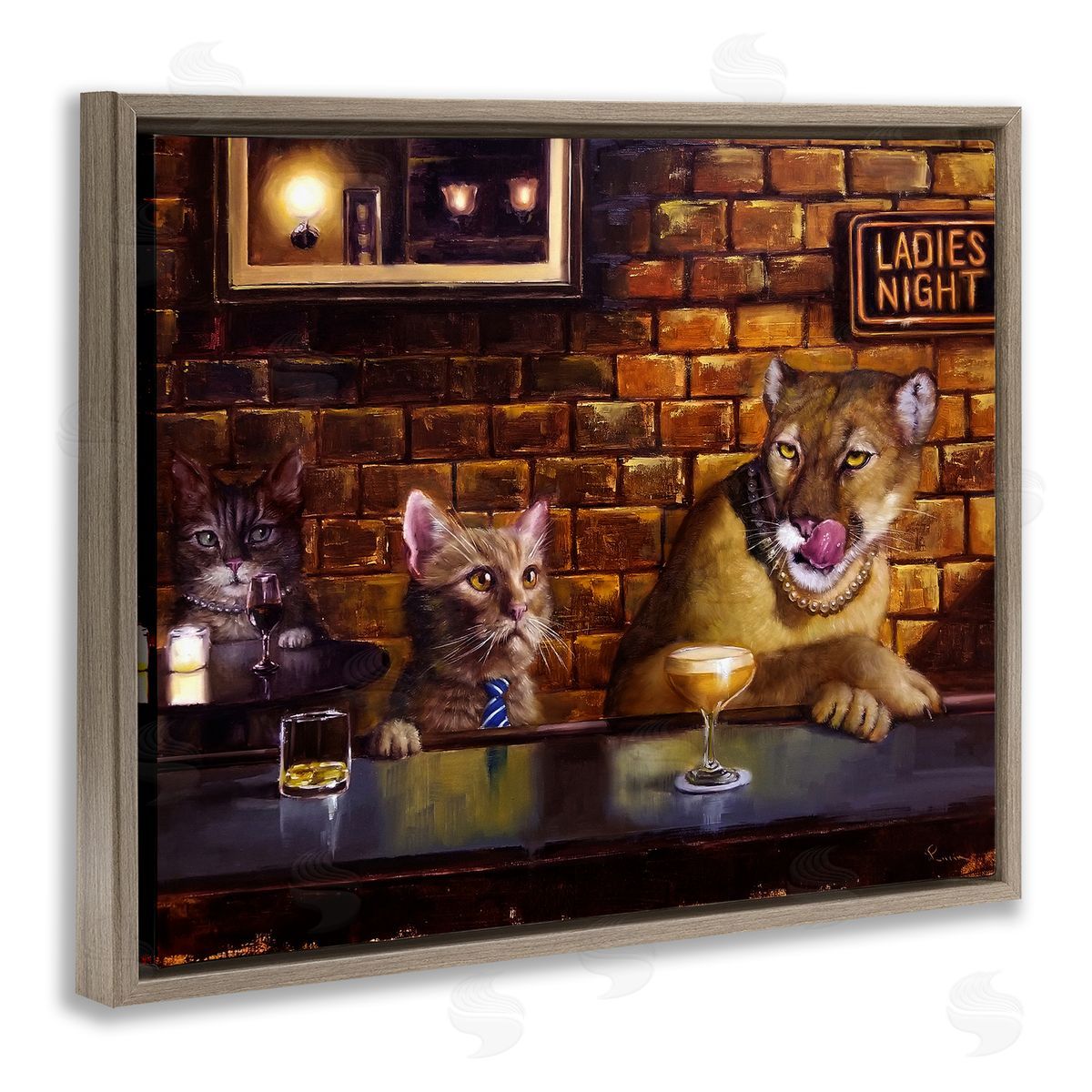 Cougar and Cat at Bar Brown Floating Frame Canvas Wall Art, Home Decor by Lucia Heffernan