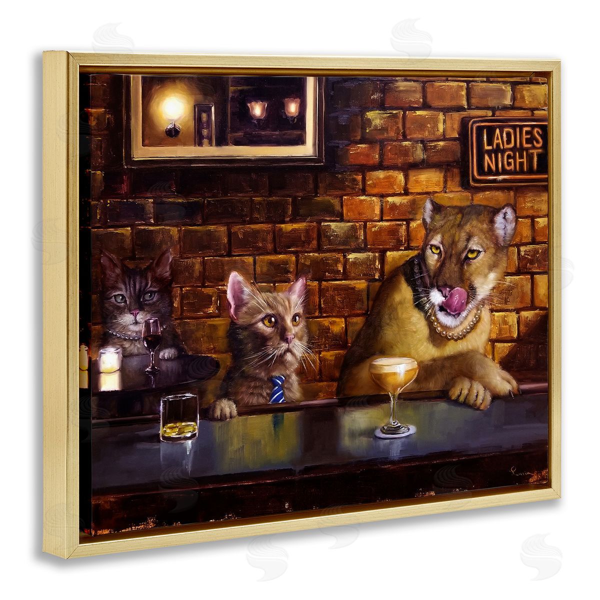 Cougar and Cat at Bar Gold Floating Frame Canvas Wall Art, Home Decor by Lucia Heffernan