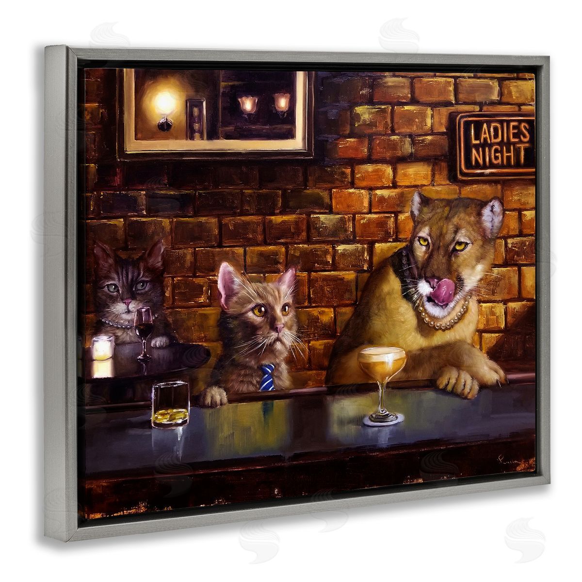 Cougar and Cat at Bar Grey Floating Frame Canvas Wall Art, Home Decor by Lucia Heffernan