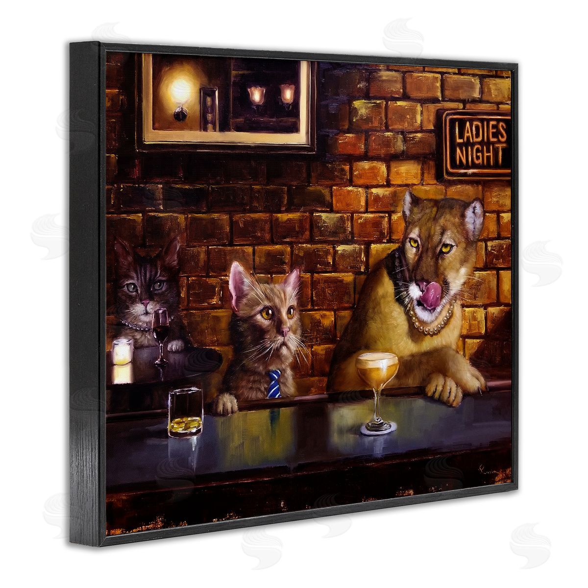 Cougar and Cat at Bar Black Frame Print Wall Art, Home Decor by Lucia Heffernan