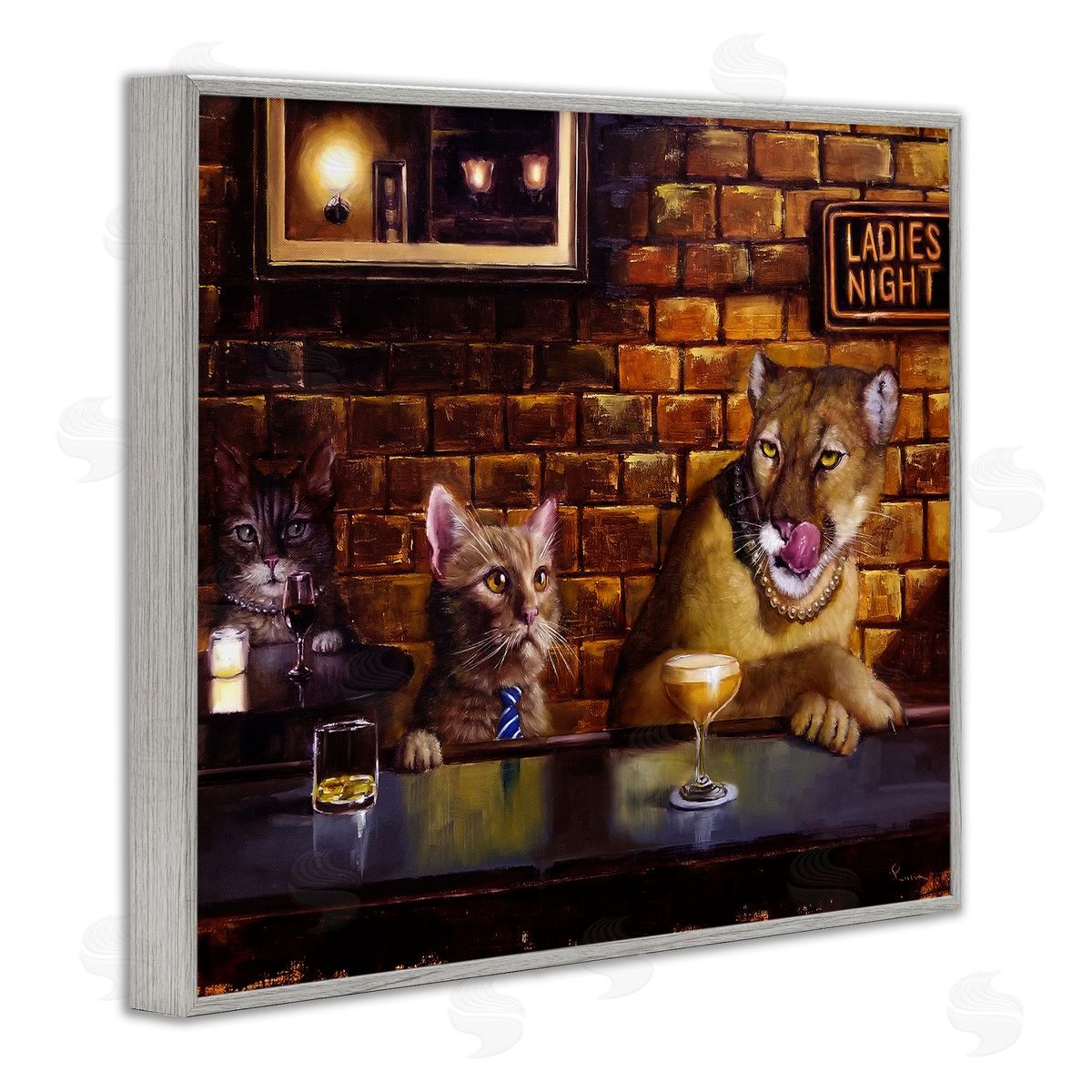 Cougar and Cat at Bar Grey Frame Print Wall Art, Home Decor by Lucia Heffernan