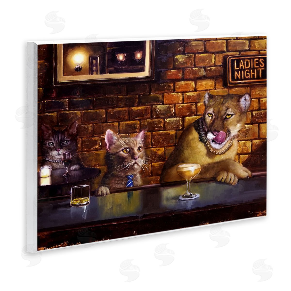 Cougar and Cat at Bar Wood Plaque Wall Art, Home Decor by Lucia Heffernan