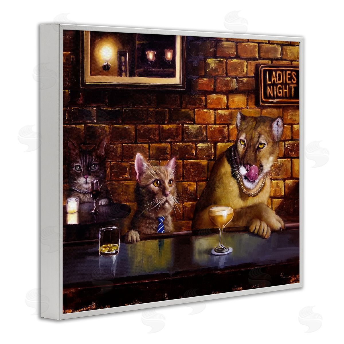 Cougar and Cat at Bar White Frame Print Wall Art, Home Decor by Lucia Heffernan