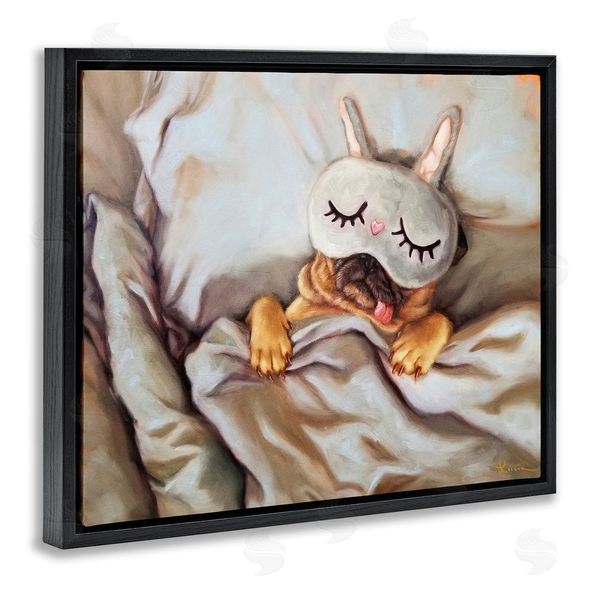 Dog Napping in Bed Black Floating Frame Canvas Wall Art, Home Decor by Lucia Heffernan