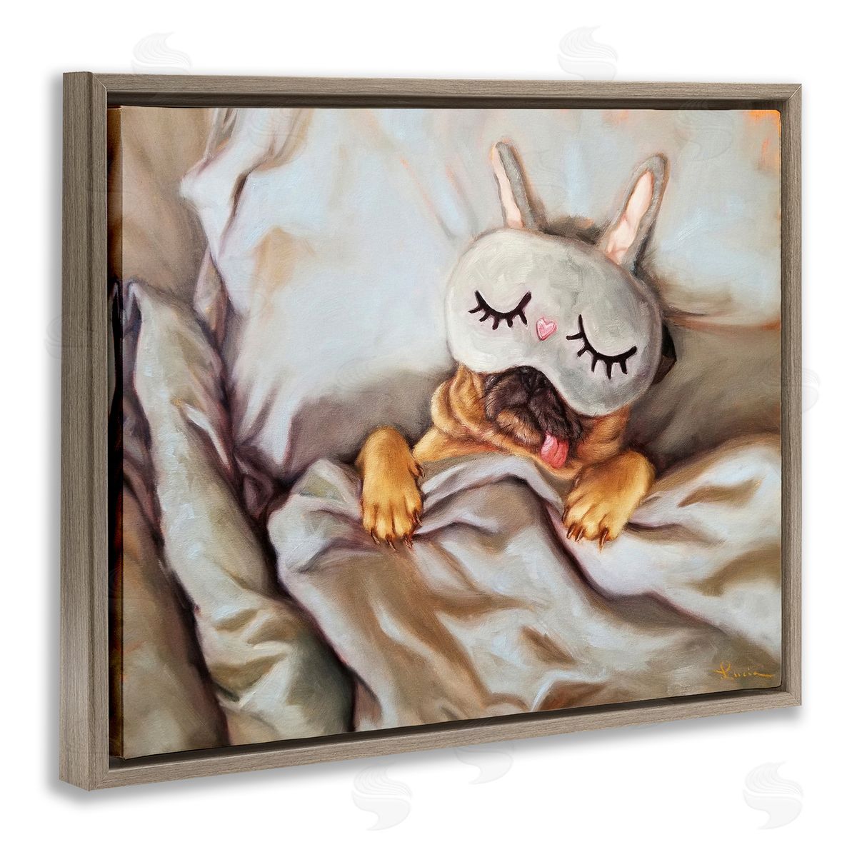 Dog Napping in Bed Brown Floating Frame Canvas Wall Art, Home Decor by Lucia Heffernan