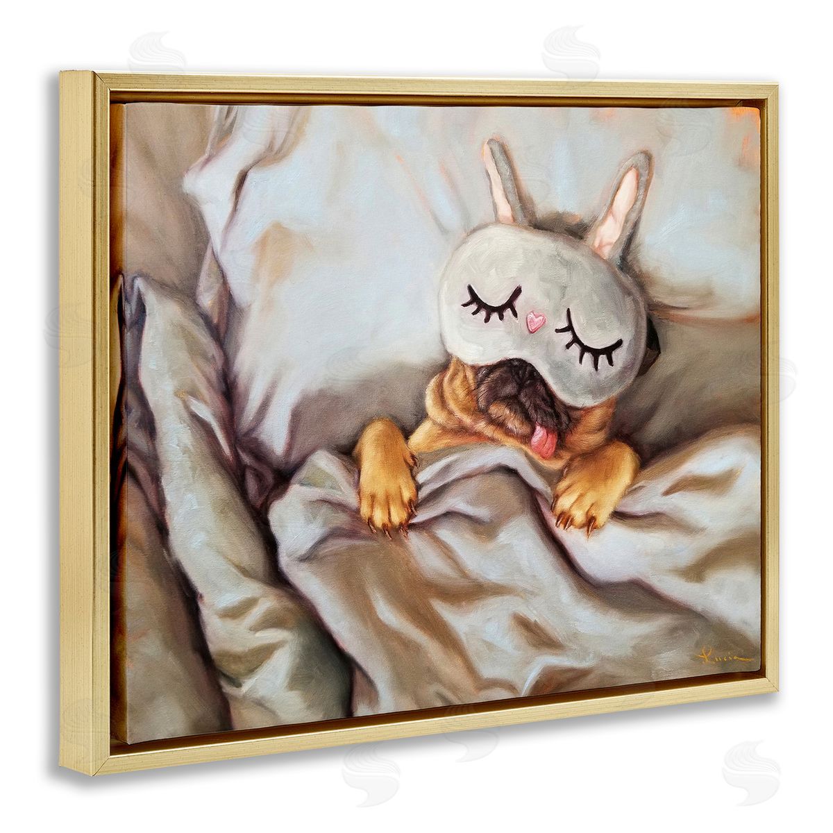Dog Napping in Bed Gold Floating Frame Canvas Wall Art, Home Decor by Lucia Heffernan