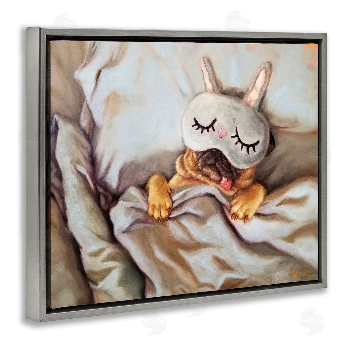 Dog Napping in Bed Grey Floating Frame Canvas Wall Art, Home Decor by Lucia Heffernan