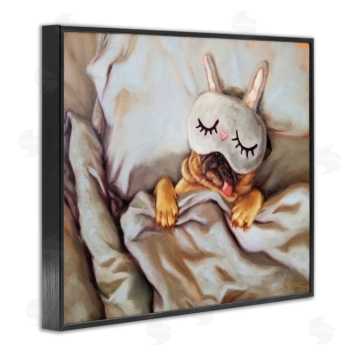 Dog Napping in Bed Black Frame Print Wall Art, Home Decor by Lucia Heffernan