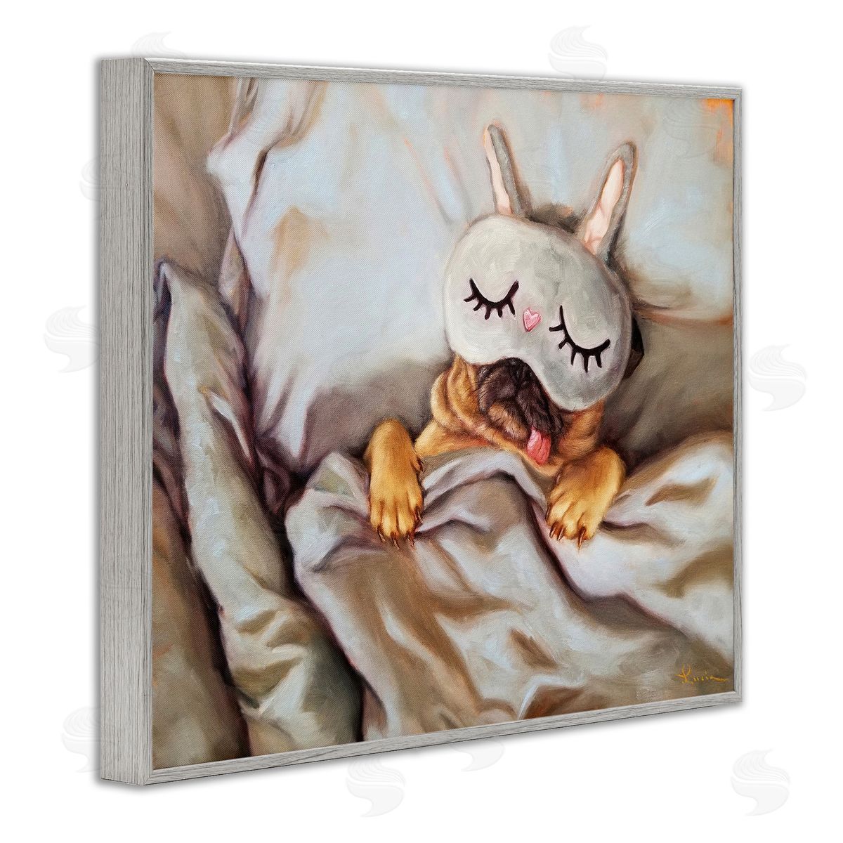 Dog Napping in Bed Grey Frame Print Wall Art, Home Decor by Lucia Heffernan