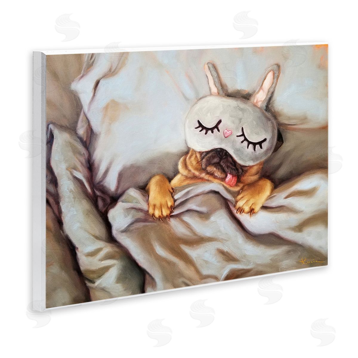 Dog Napping in Bed Wood Plaque Wall Art, Home Decor by Lucia Heffernan