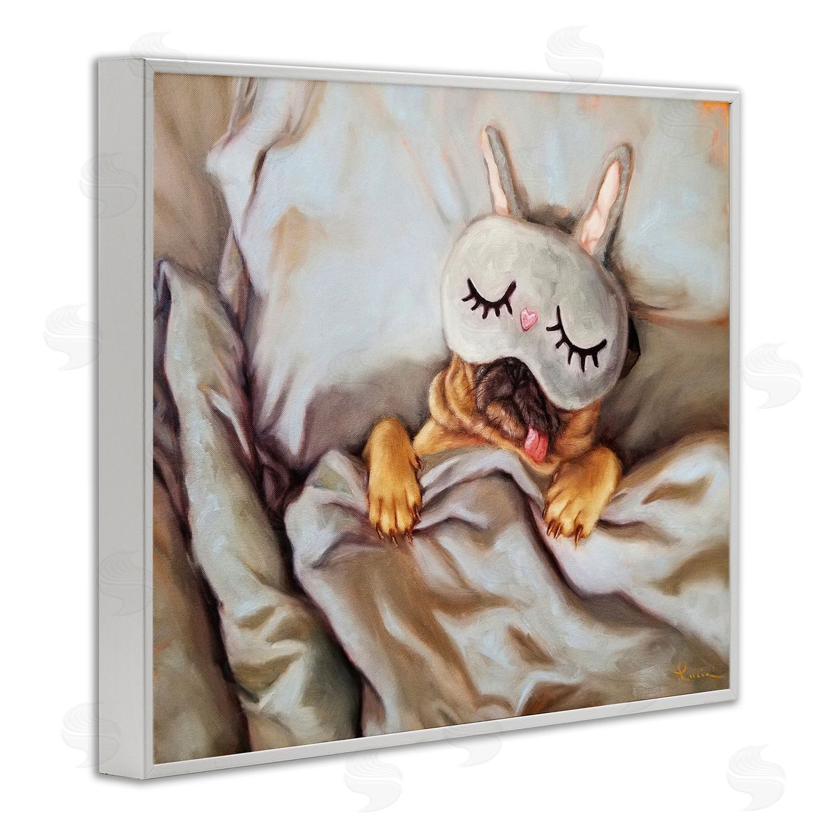 Dog Napping in Bed White Frame Print Wall Art, Home Decor by Lucia Heffernan