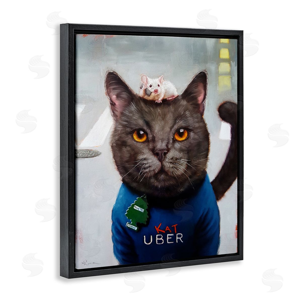 Cat Taxi Modern Day Animal Humor Ride Share Black Floating Frame Canvas Wall Art, Home Decor by Lucia Heffernan
