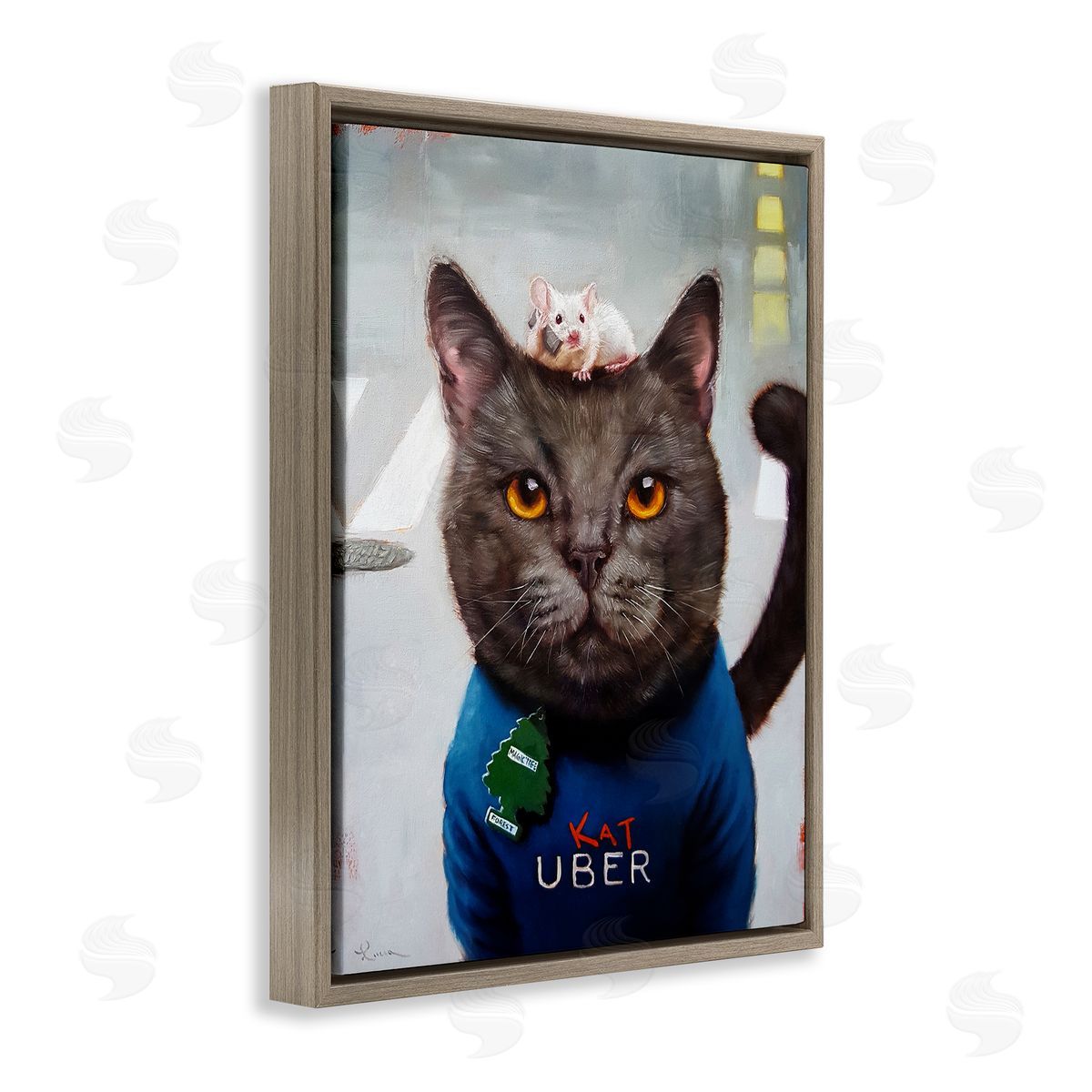 Cat Taxi Modern Day Animal Humor Ride Share Brown Floating Frame Canvas Wall Art, Home Decor by Lucia Heffernan