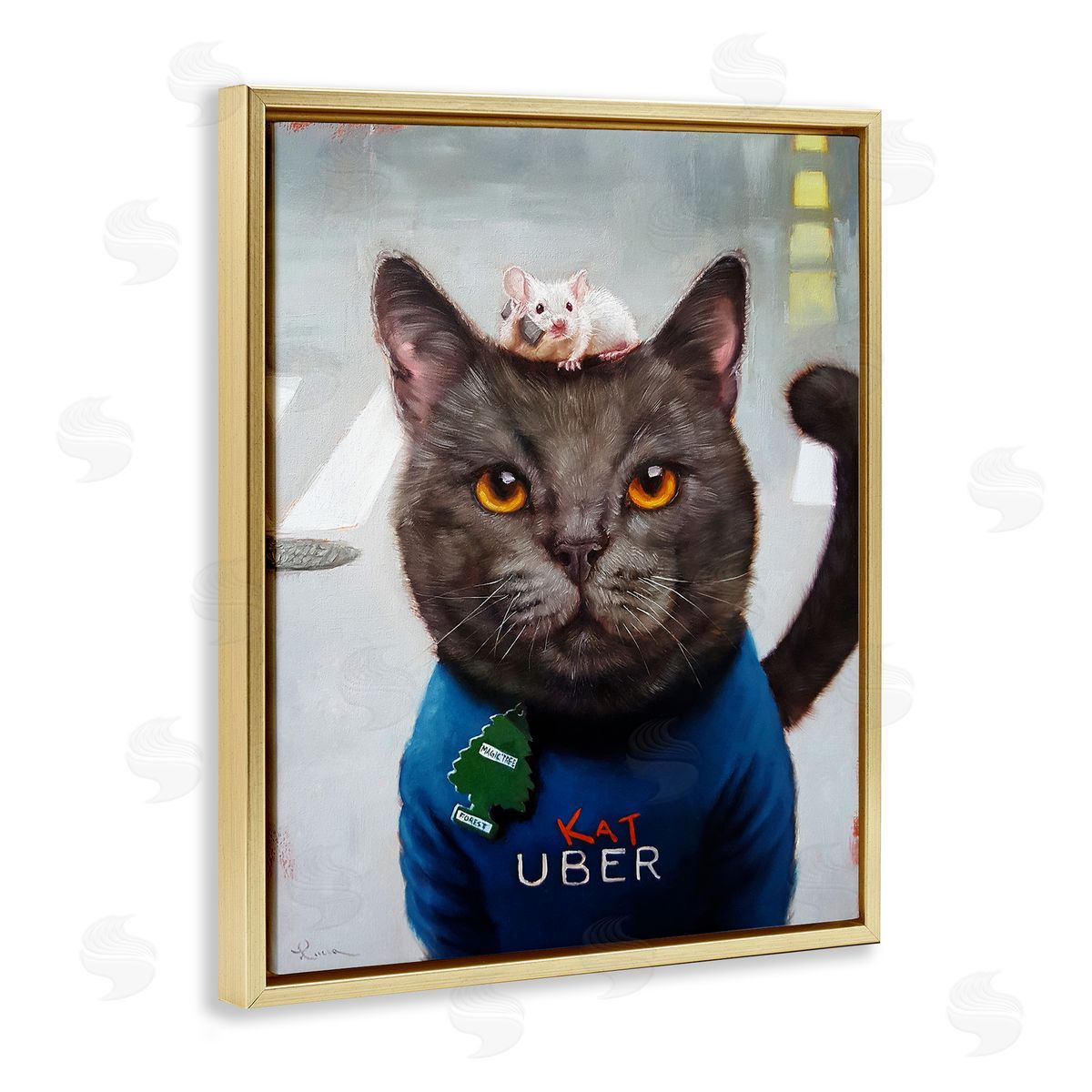 Cat Taxi Modern Day Animal Humor Ride Share Gold Floating Frame Canvas Wall Art, Home Decor by Lucia Heffernan